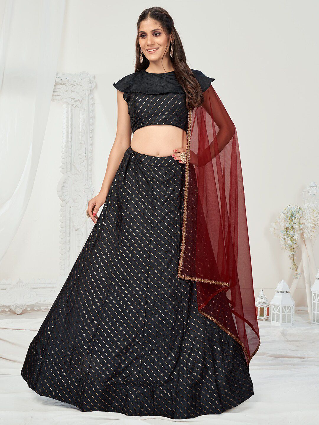 WHITE FIRE Black & Maroon Embellished Semi-Stitched Lehenga & Unstitched Blouse With Dupatta Price in India