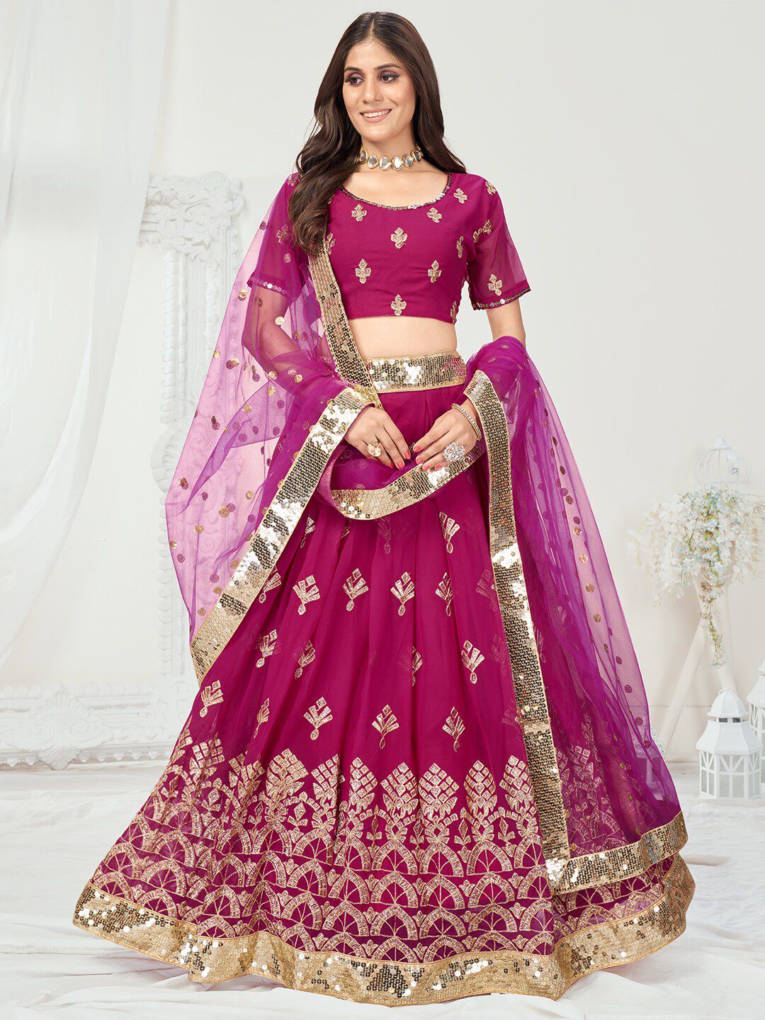 WHITE FIRE Pink & Golden Embellished Sequinned Semi-Stitched Lehenga Choli Set Price in India