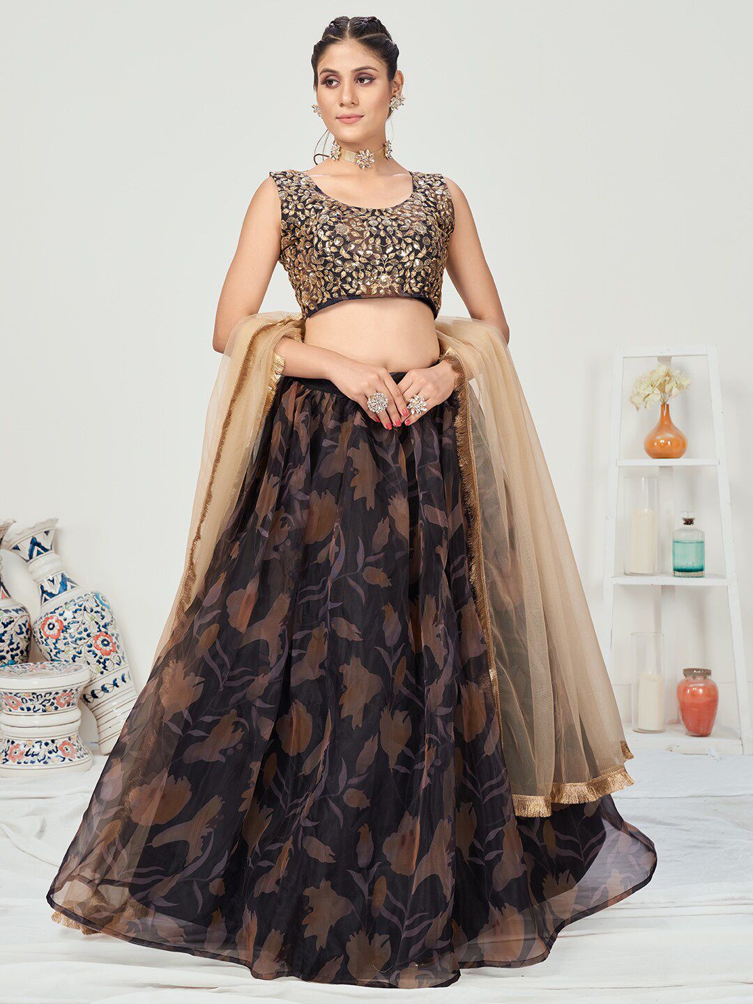 WHITE FIRE Black & Gold-Toned Embellished Semi-Stitched Lehenga & Unstitched Blouse With Dupatta Price in India