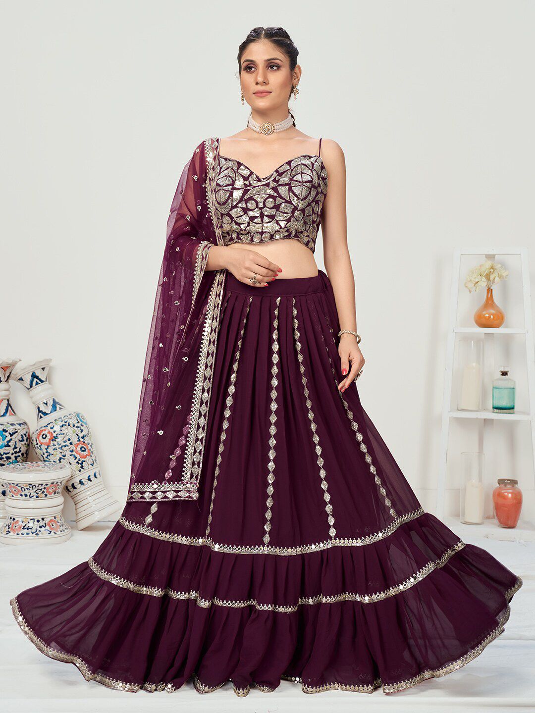 WHITE FIRE Purple & Silver-Toned Sequinned Semi-Stitched Lehenga & Unstitched Blouse With Dupatta Price in India