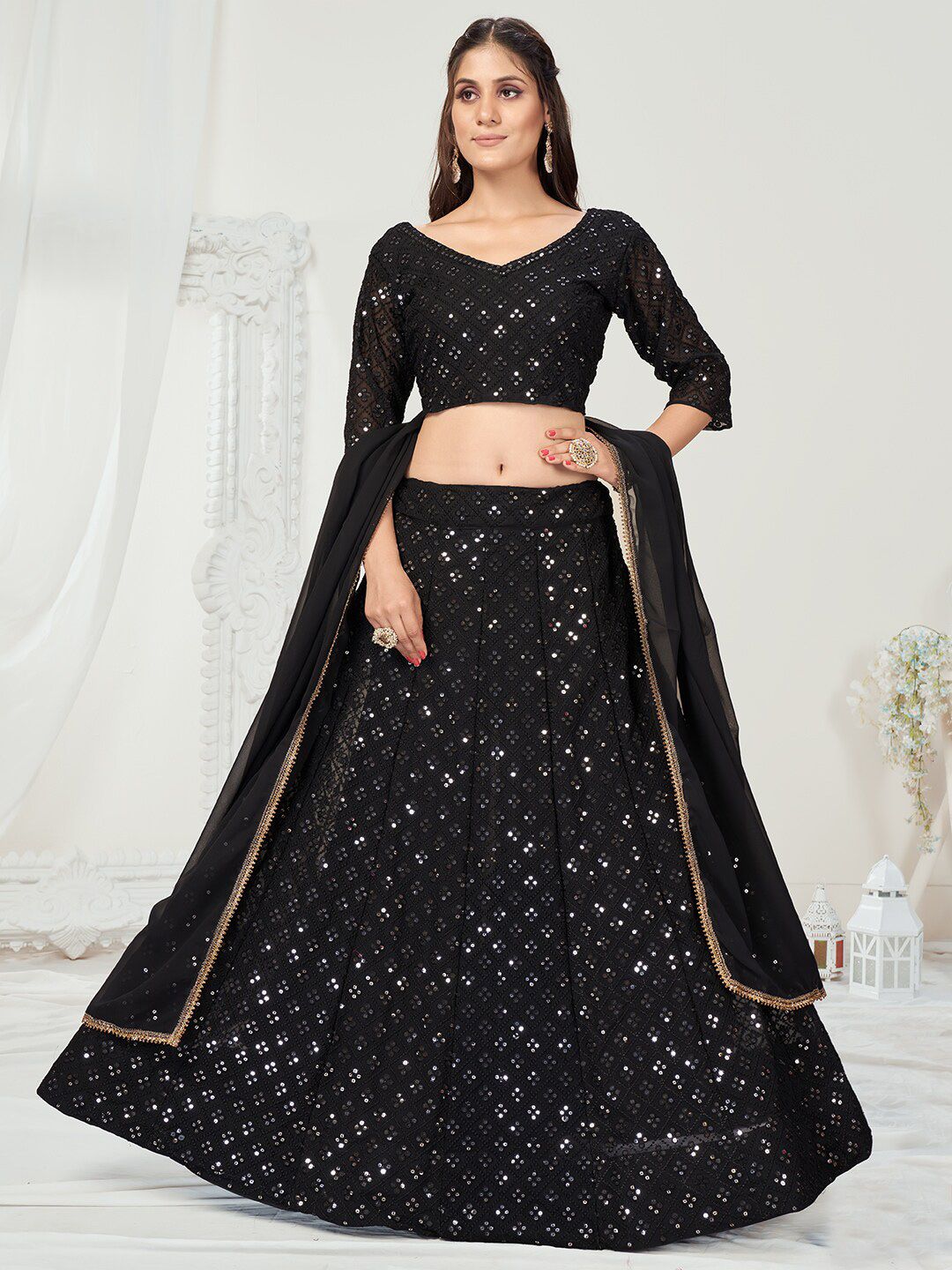 WHITE FIRE Black & Gold-Toned Embellished Sequinned Semi-Stitched Lehenga & Unstitched Blouse With Dupatta Price in India