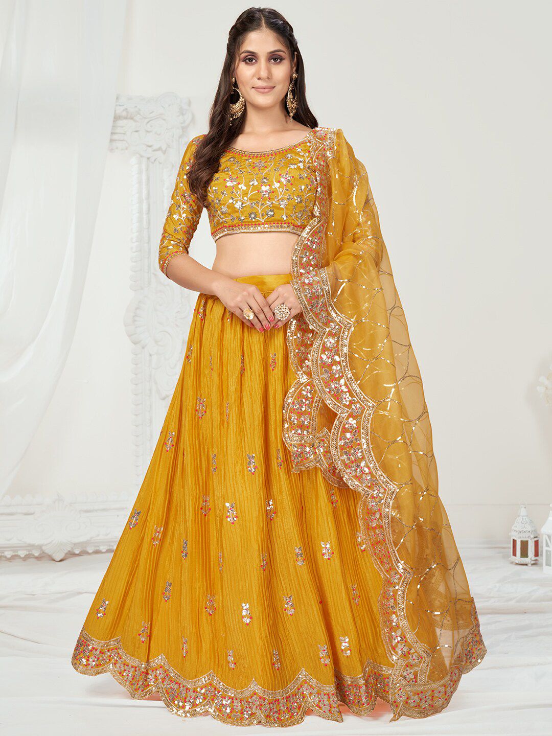 WHITE FIRE Yellow & Gold-Toned Embellished Sequinned Semi-Stitched Lehenga & Unstitched Blouse With Dupatta