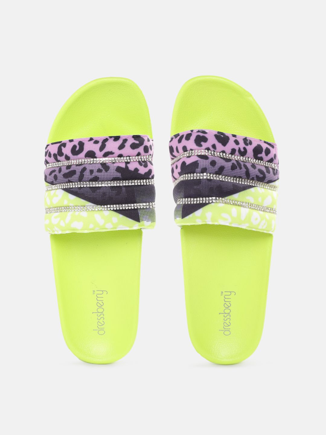 DressBerry Women Pink & Fluorescent Green Leopard Print Heeled Sliders Price in India