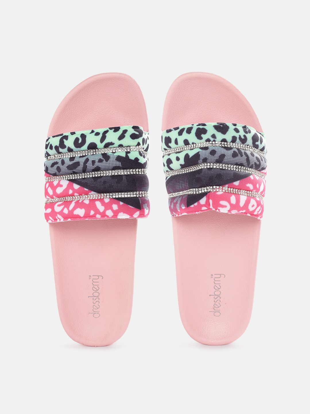 DressBerry Women Green & Pink Leopard Print Heeled Sliders Price in India