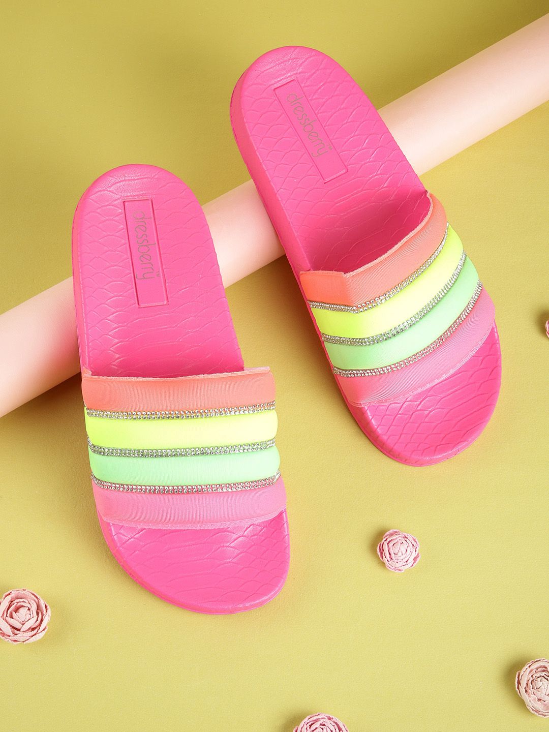 DressBerry Women Neon Pink & Fluorescent Green Striped Embellished Sliders