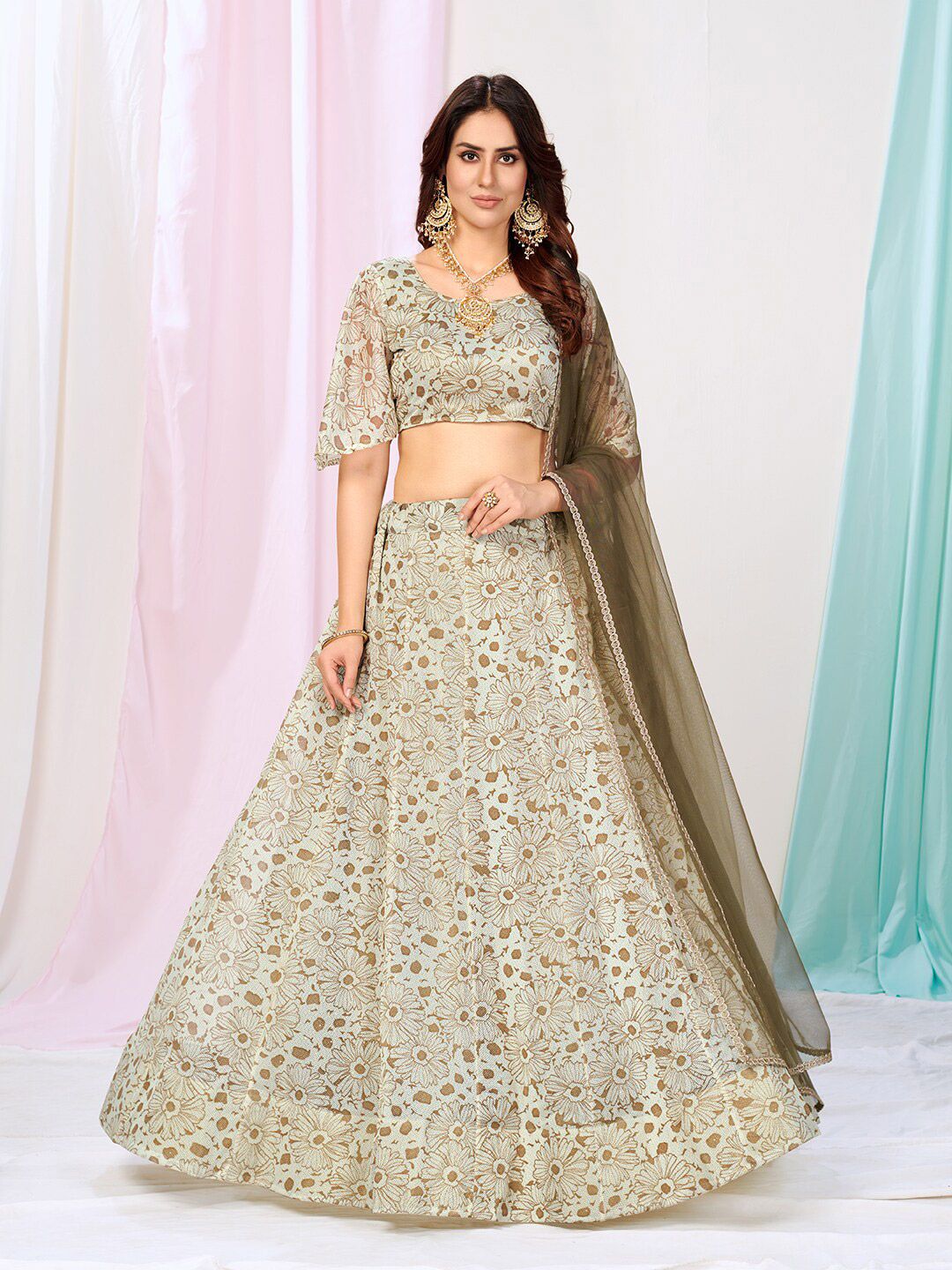 WHITE FIRE White & Brown Embellished Semi-Stitched Lehenga & Unstitched Blouse With Dupatta Price in India