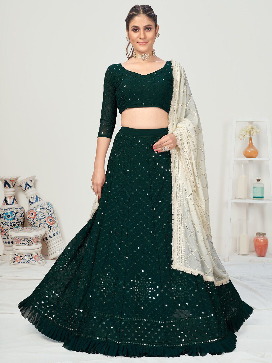 WHITE FIRE Green & White Embellished Sequinned Semi-Stitched Lehenga & Unstitched Blouse With Dupatta Price in India