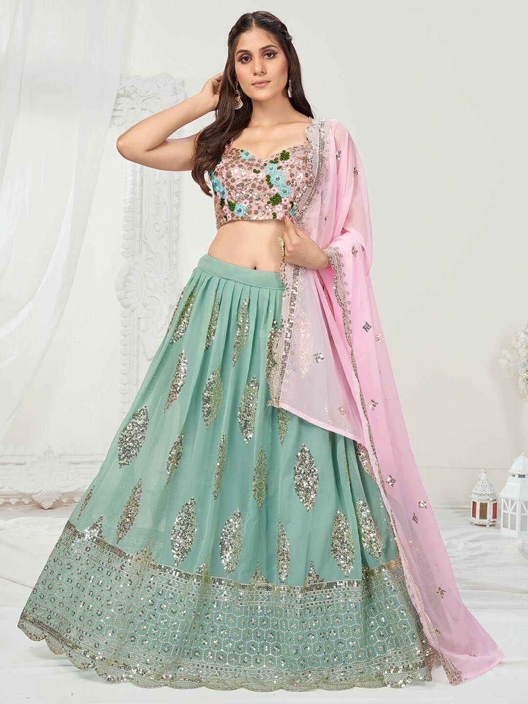 WHITE FIRE Blue & Pink Embellished Sequinned Semi-Stitched Lehenga & Unstitched Blouse With Dupatta Price in India