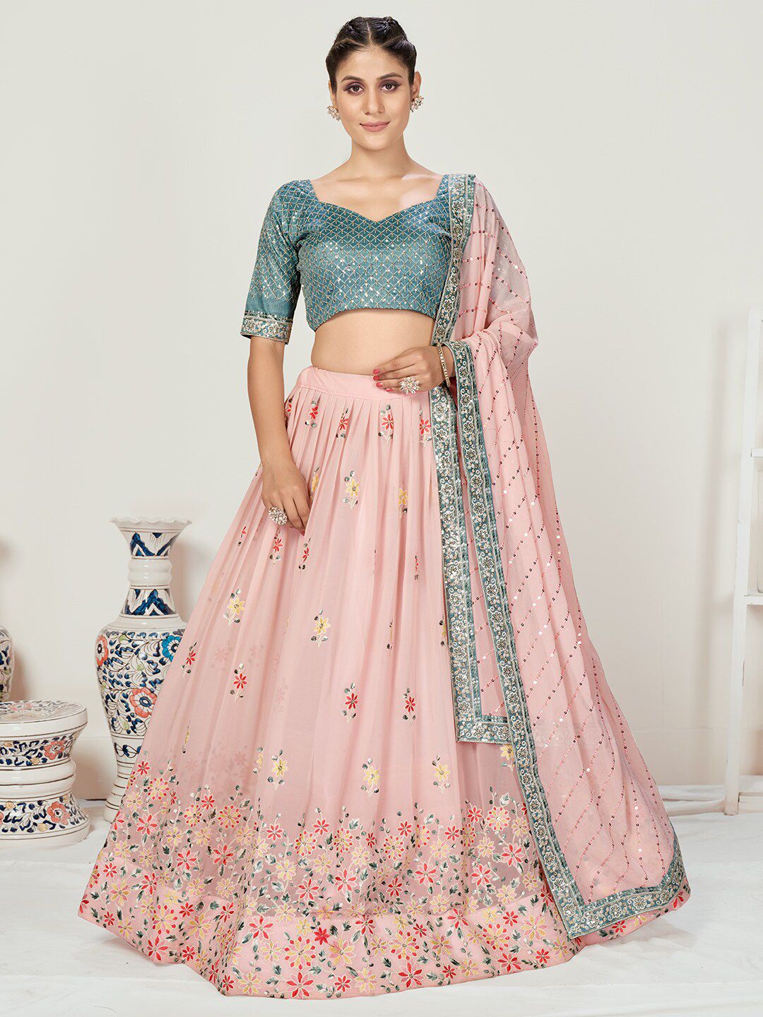 WHITE FIRE Pink & Blue Embellished Semi-Stitched Lehenga & Unstitched Blouse With Dupatta Price in India