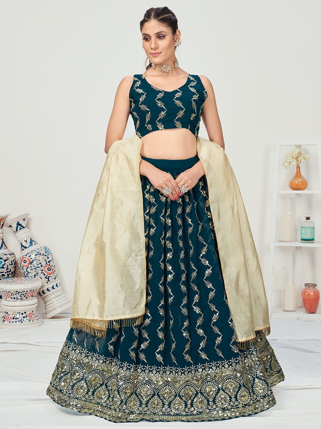 WHITE FIRE Blue & Cream-Coloured Embellished Semi-Stitched Lehenga & Unstitched Blouse With Dupatta Price in India