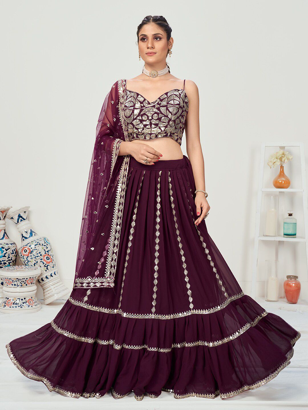 WHITE FIRE Purple Embellished Sequinned Semi-Stitched Lehenga Choli Price in India