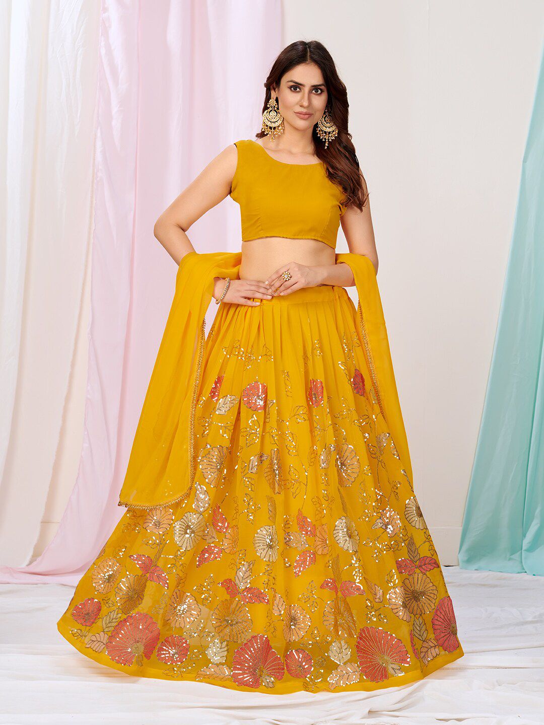 WHITE FIRE Yellow & Pink Embellished Semi-Stitched Lehenga & Unstitched Blouse With Dupatta Price in India