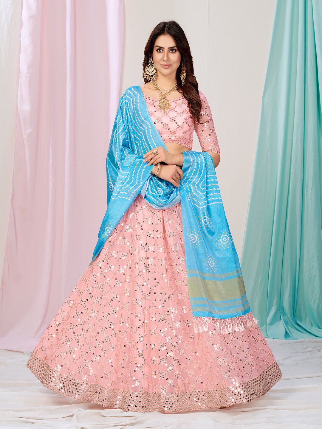 WHITE FIRE Pink & Blue Embellished Sequinned Semi-Stitched Lehenga & Unstitched Blouse With Dupatta Price in India