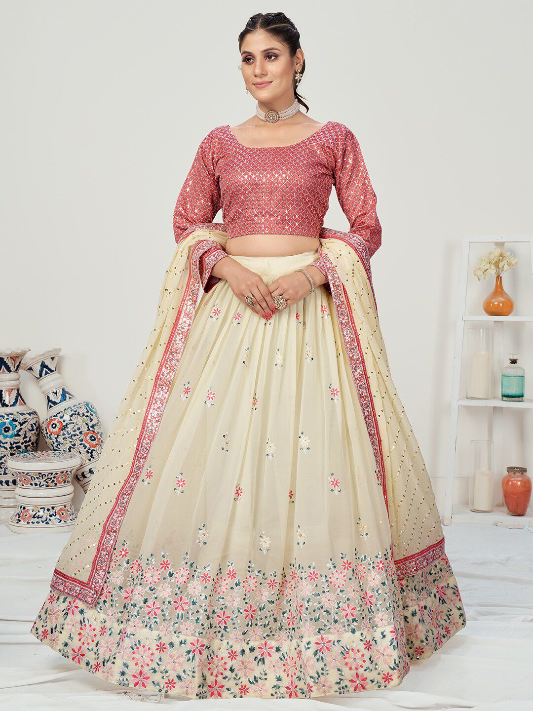 WHITE FIRE White & Pink Embellished Semi-Stitched Lehenga & Unstitched Blouse With Dupatta Price in India