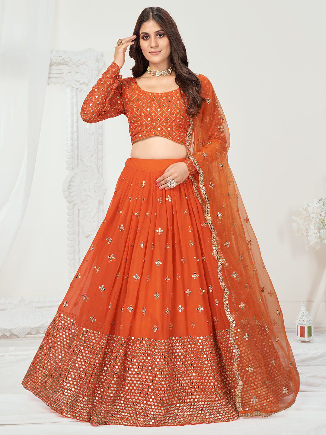 WHITE FIRE Orange & Gold-Toned Embellished Semi-Stitched Lehenga & Unstitched Blouse With Dupatta Price in India