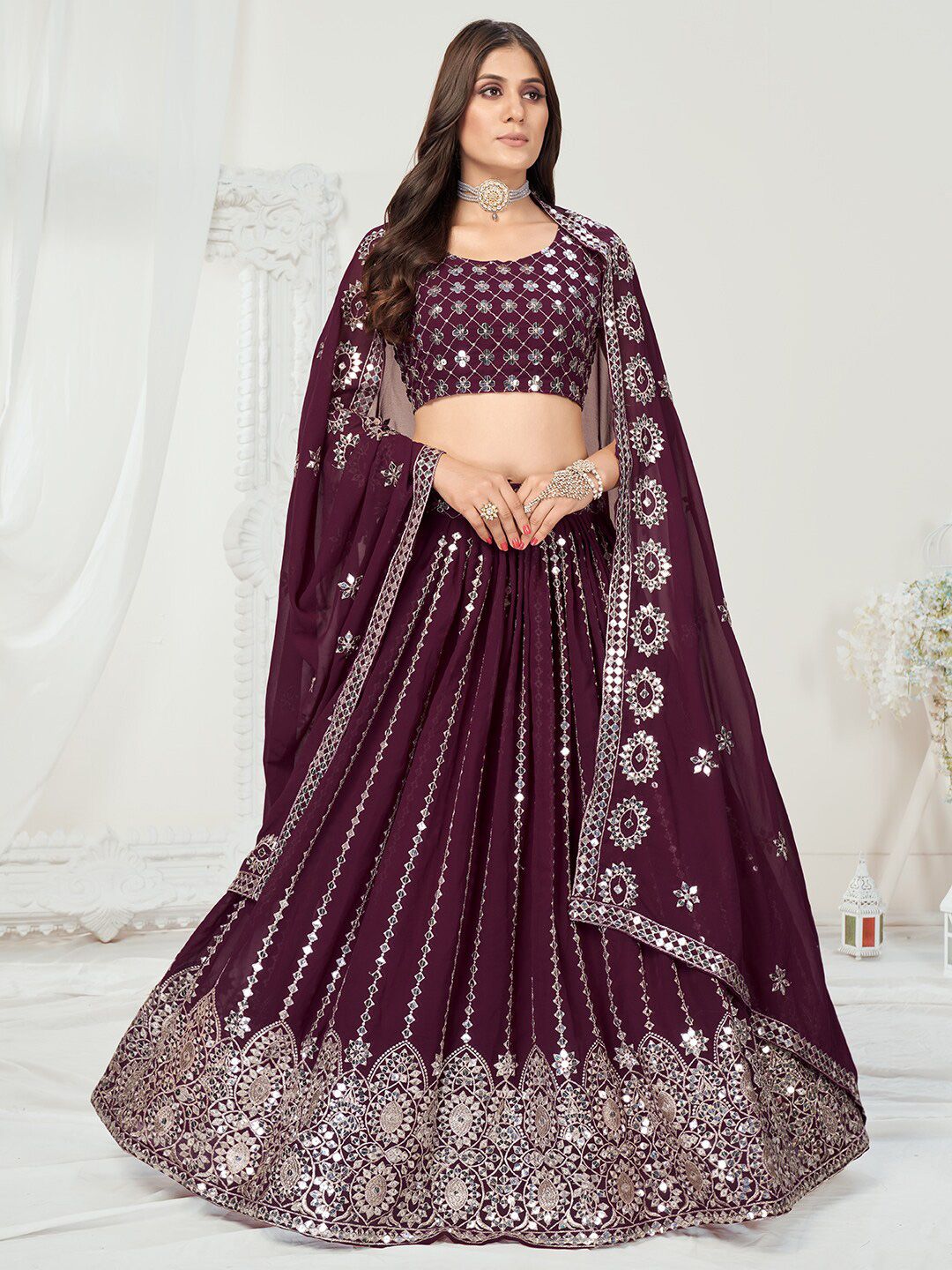 WHITE FIRE Purple & Silver-Toned Semi-Stitched Lehenga & Unstitched Blouse With Dupatta Price in India