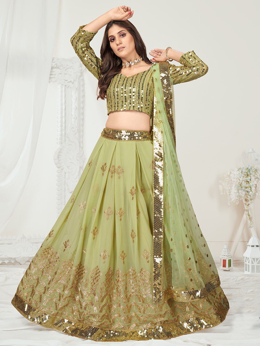 WHITE FIRE Green & Silver-Toned Embellished Sequinned Semi-Stitched Lehenga & Unstitched Blouse With Dupatta Price in India