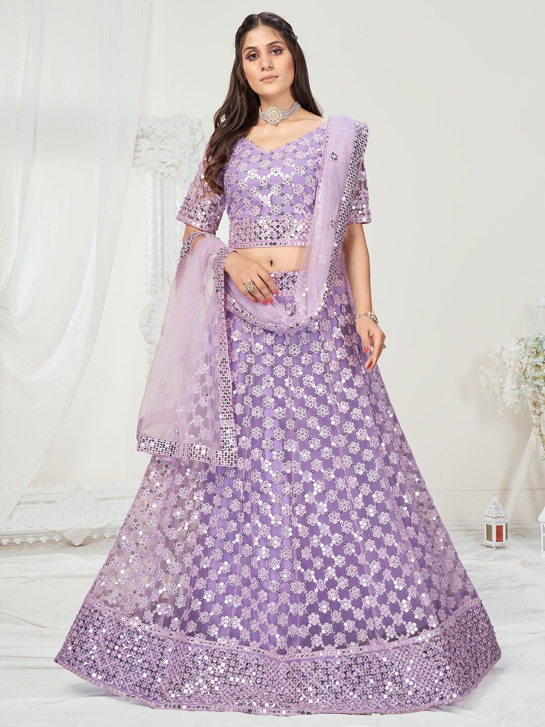 WHITE FIRE Lavender Sequinned Semi-Stitched Lehenga & Unstitched Blouse With Dupatta Price in India