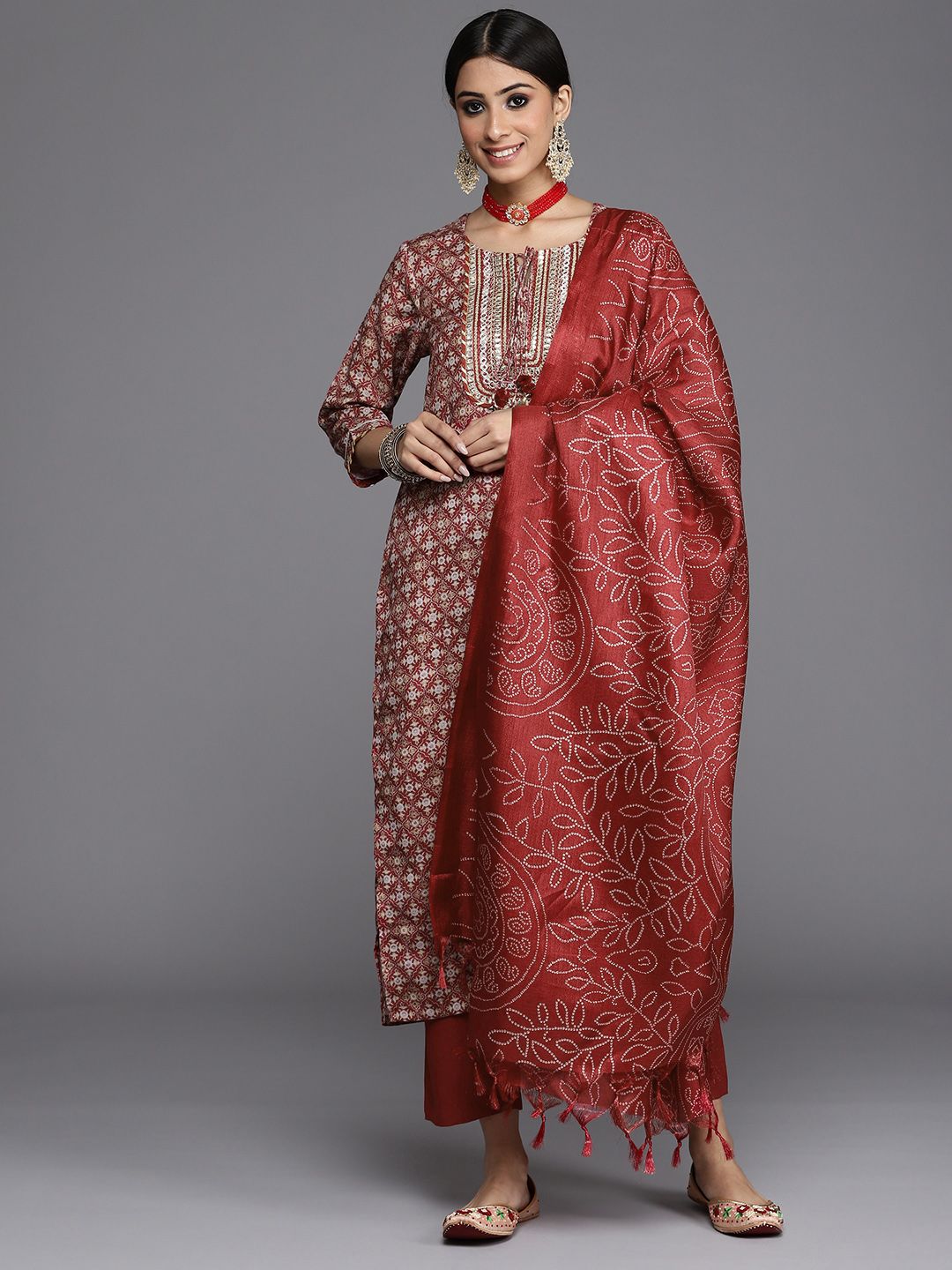 Varanga Women Maroon Ethnic Motifs Embroidered Gotta Patti Kurta with Trousers & Dupatta Price in India