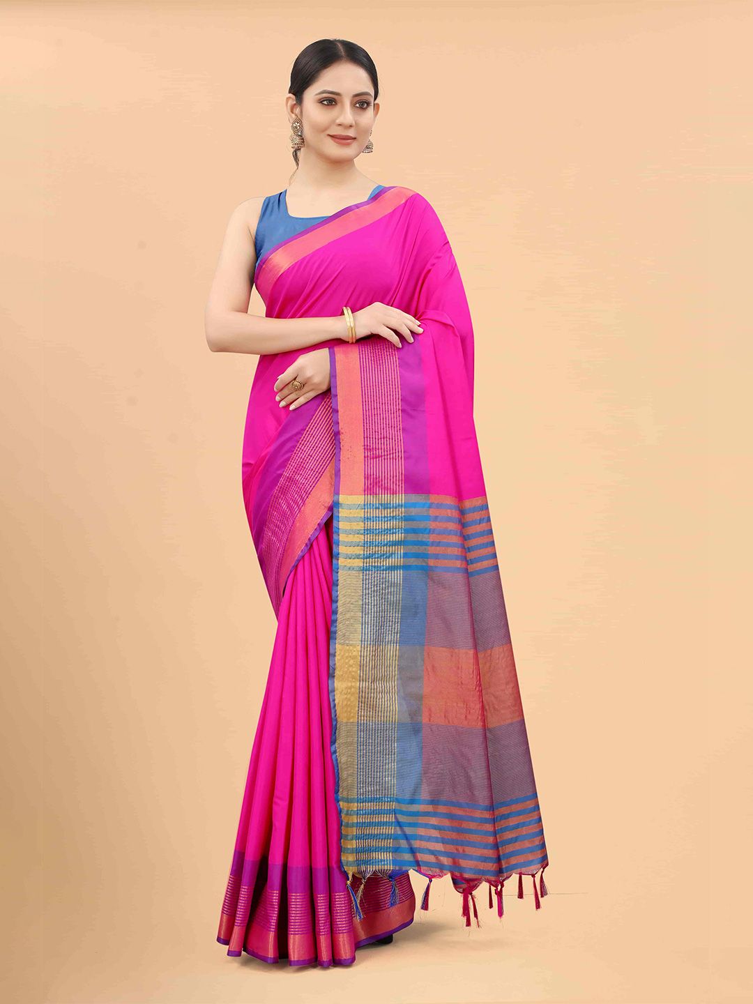 Silk Land Pink & Blue Zari Art Silk Fusion Arani Saree Price in India