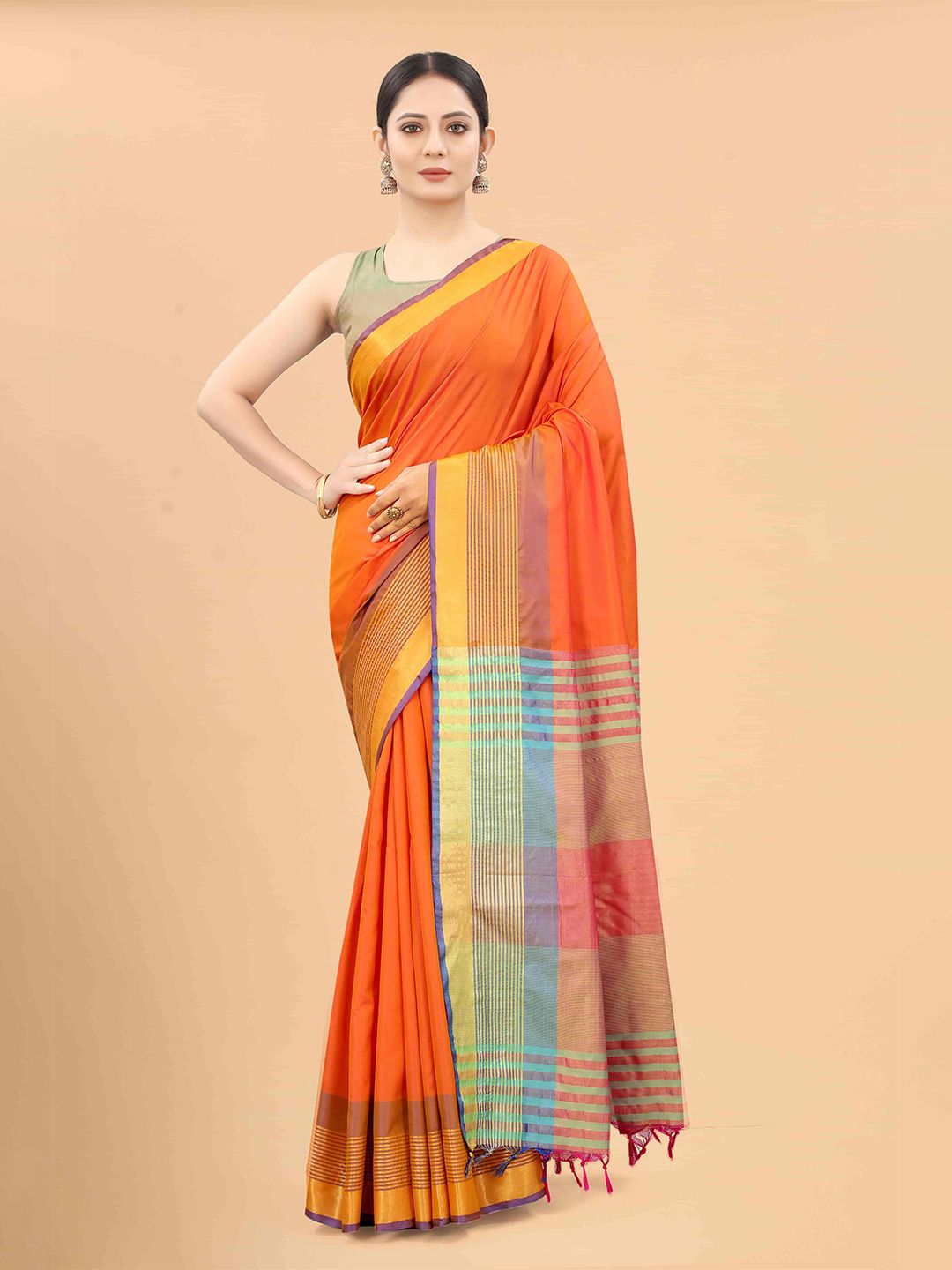 Silk Land Orange & Blue Zari Art Silk Arani Saree Price in India