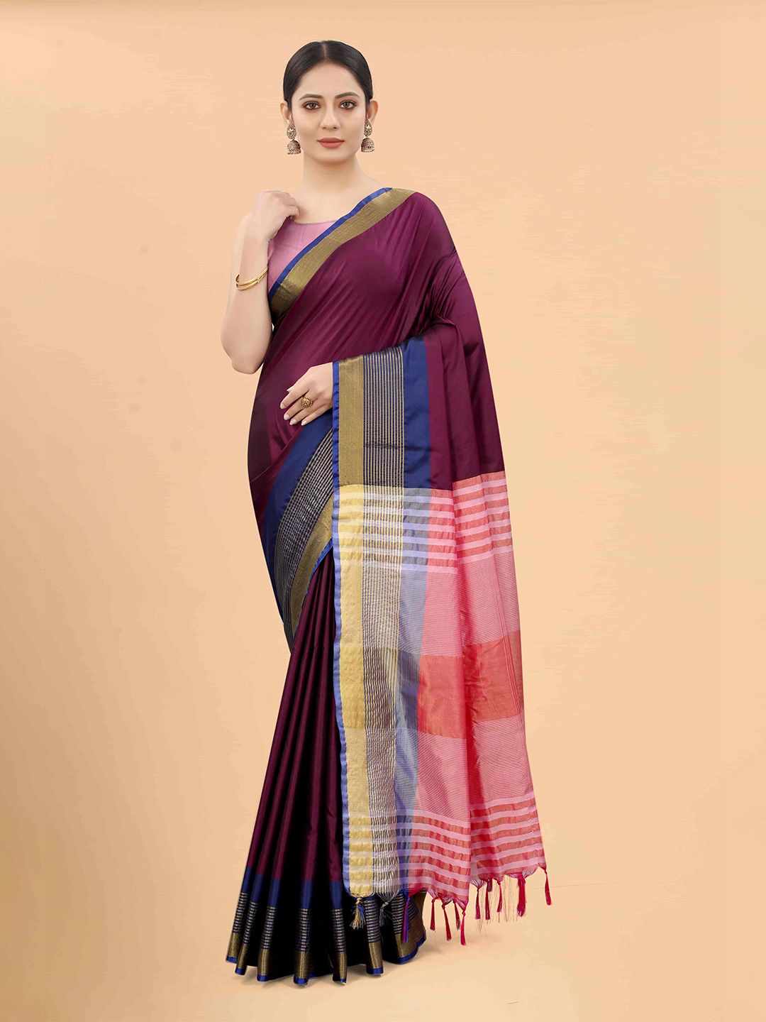 Silk Land Purple & Pink Zari Art Silk Fusion Arani Saree Price in India