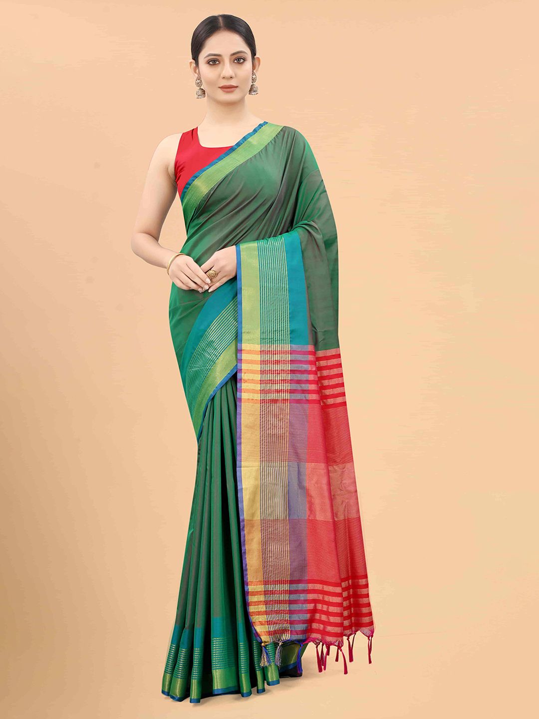 Silk Land Green & Red Zari Art Silk Arani Saree Price in India