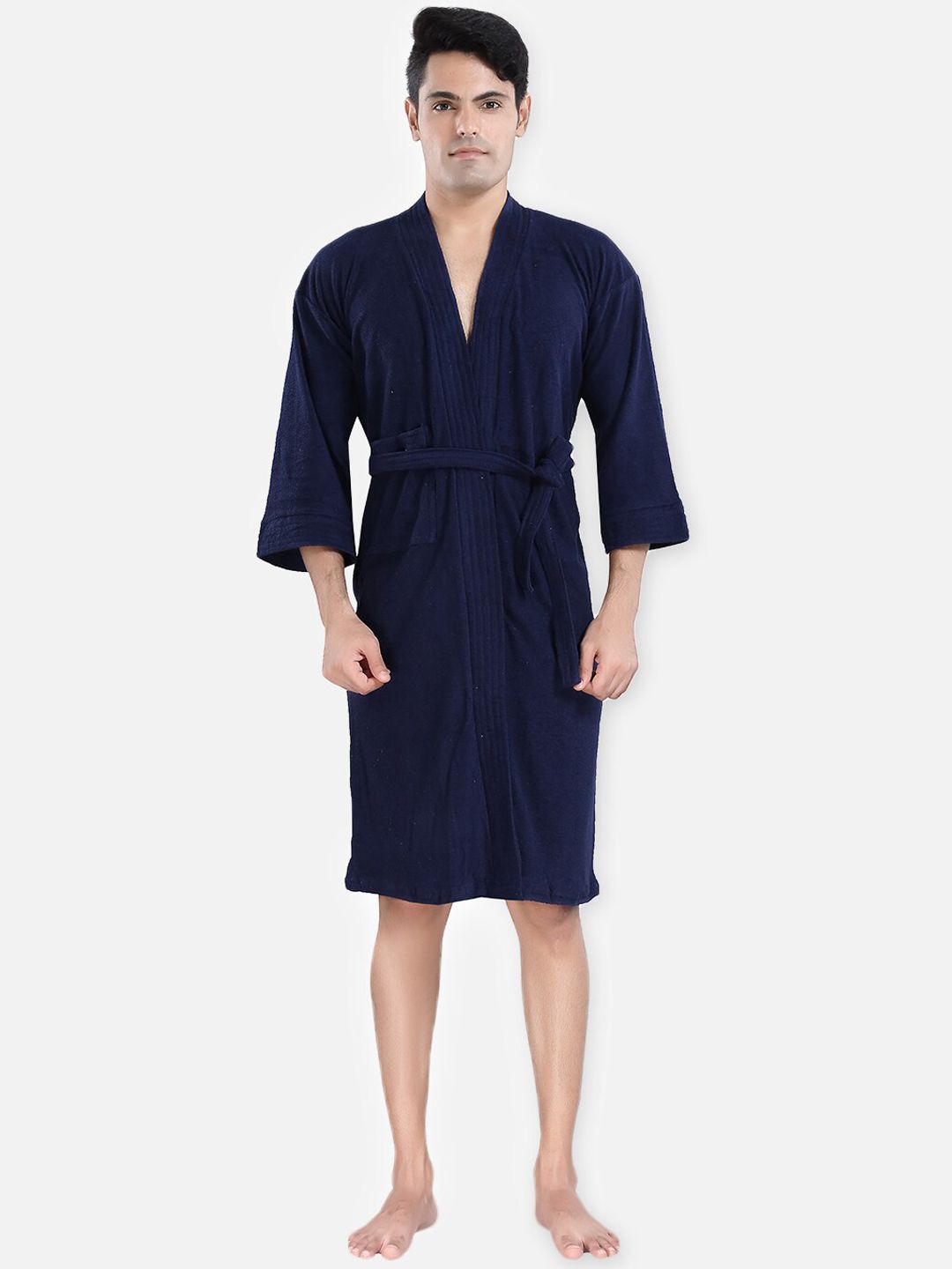 LacyLook Men Navy Blue Solid Bath Robe With Belt