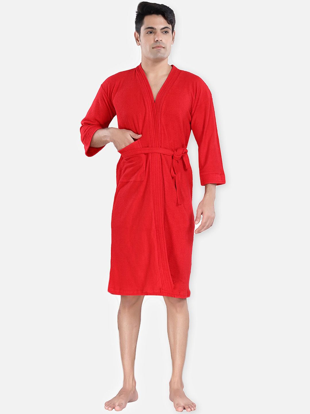 LacyLook Men Red Solid Bath Robe With Belt