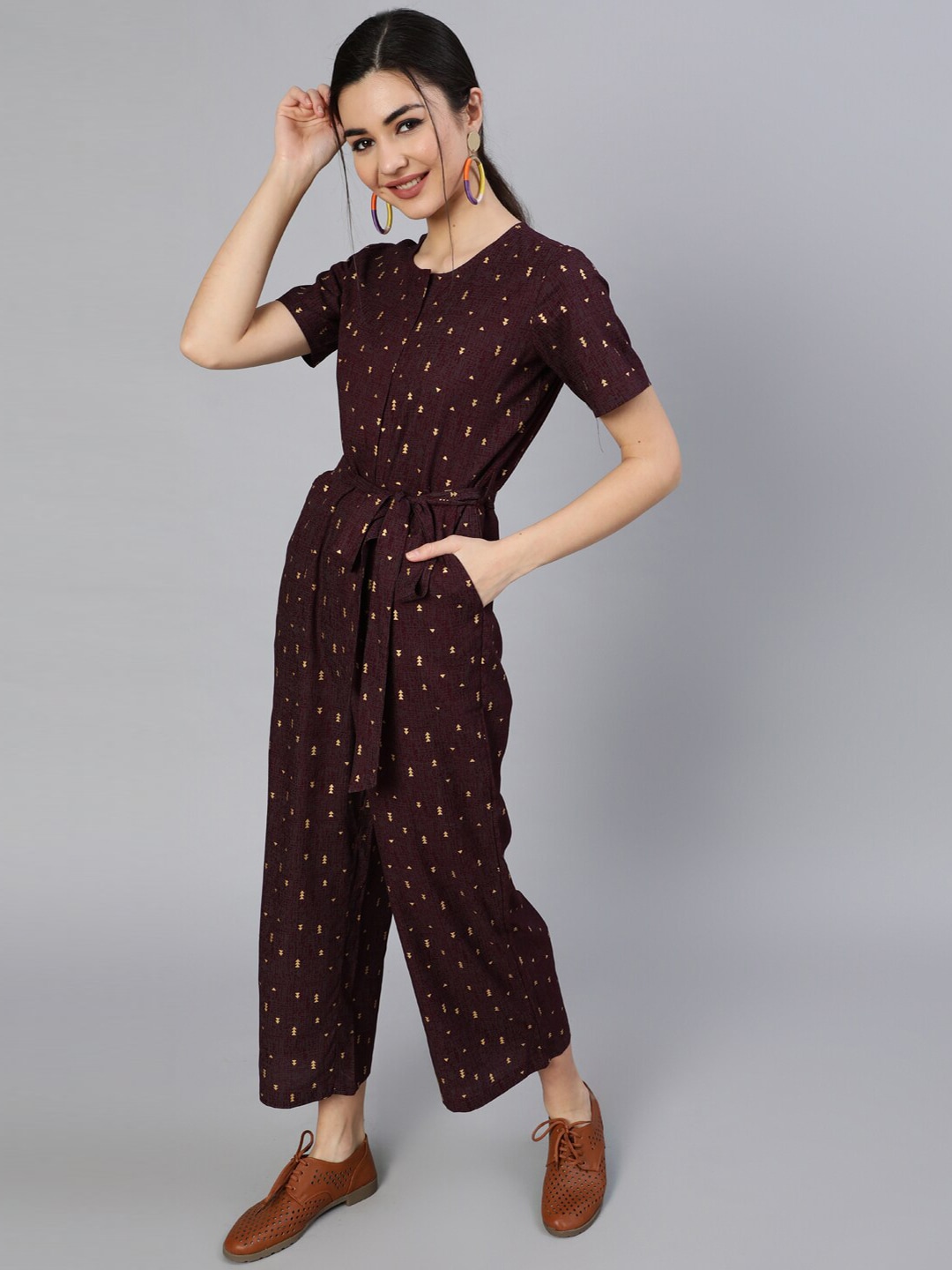 Nayo Burgundy & Gold-Toned Printed Basic Jumpsuit Price in India