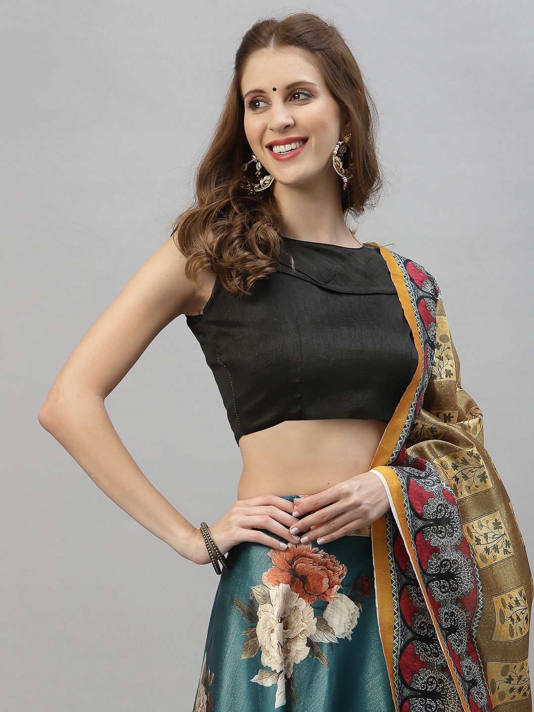 Satrani Teal Green & Black Printed Semi-Stitched Lehenga & Unstitched Blouse With Dupatta Price in India