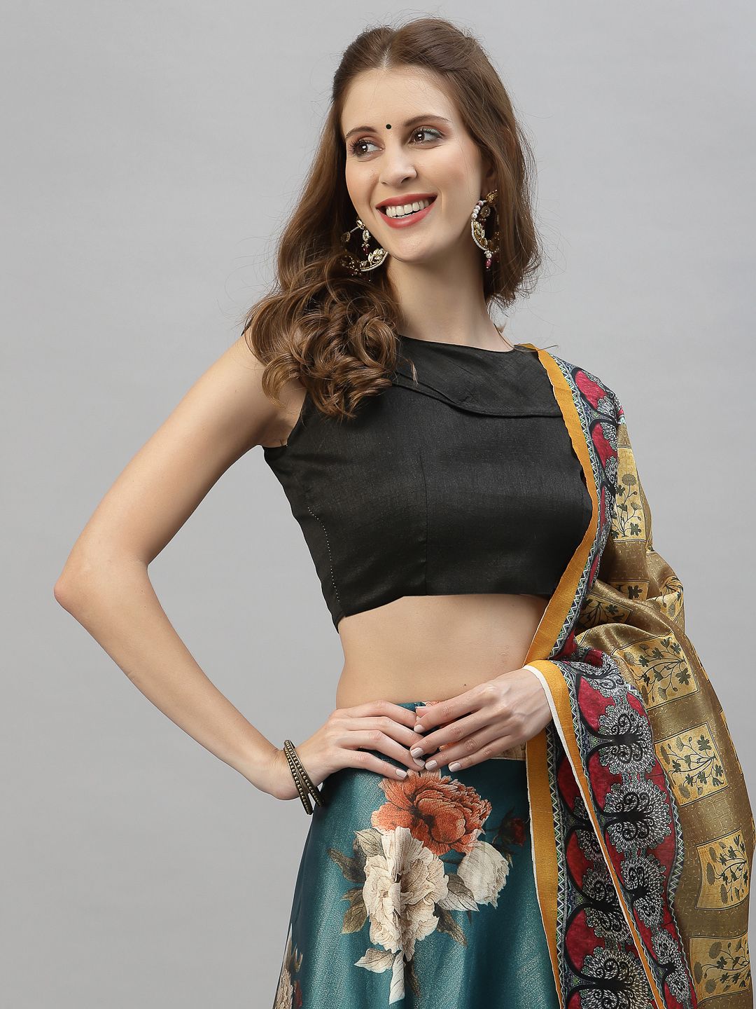 Satrani Teal Green & Black Printed Semi-Stitched Lehenga & Unstitched Blouse With Dupatta