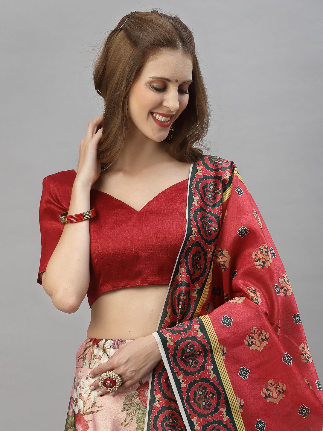 Satrani Pink & Red Printed Semi-Stitched Lehenga & Unstitched Blouse With Dupatta Price in India