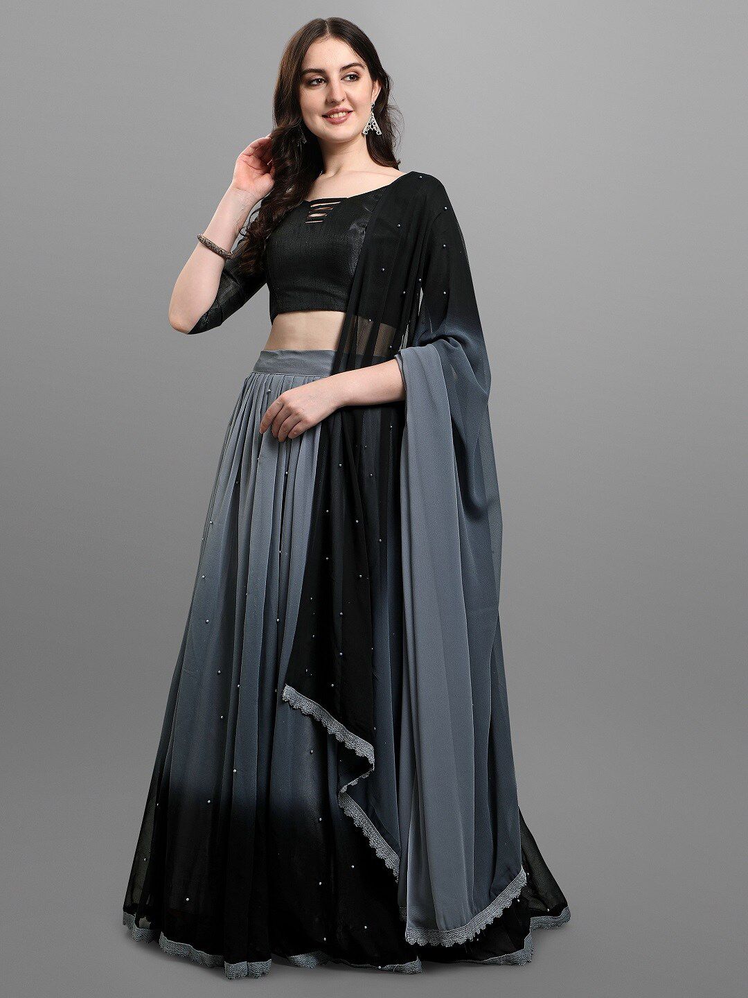 PMD Fashion Women Grey & Black Beaded Semi-Stitched Lehenga Unstitched Choli & Dupatta Price in India
