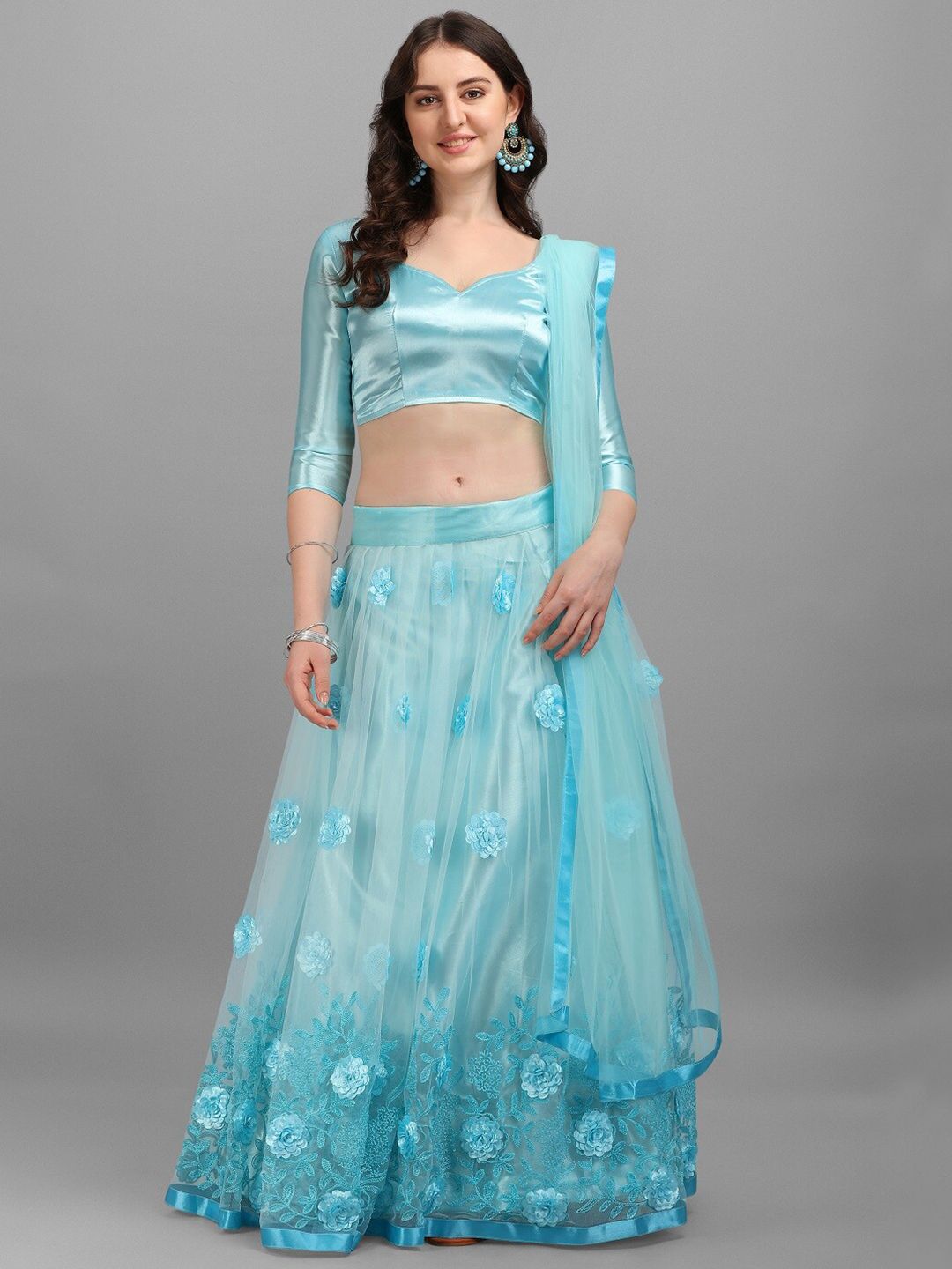 PMD Fashion Turquoise Blue Semi-Stitched Lehenga & Unstitched Blouse With Dupatta Price in India