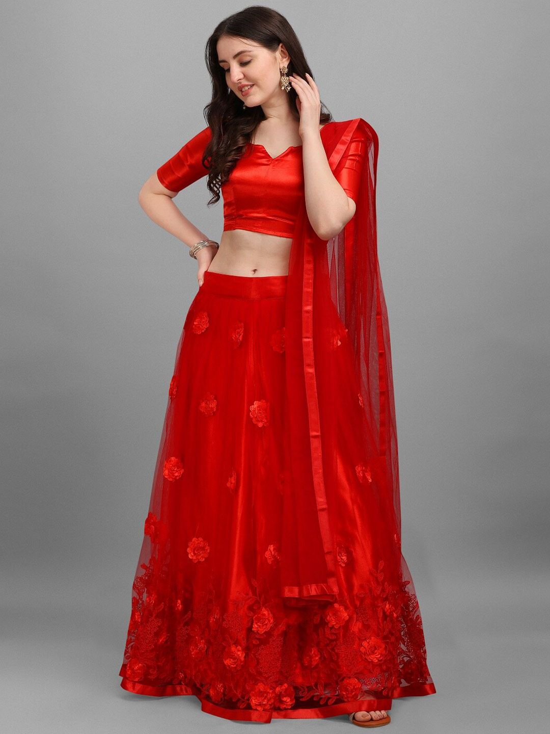 PMD Fashion Women Red Embroidered Semi-Stitched Lehenga & Unstitched Blouse With Dupatta Price in India