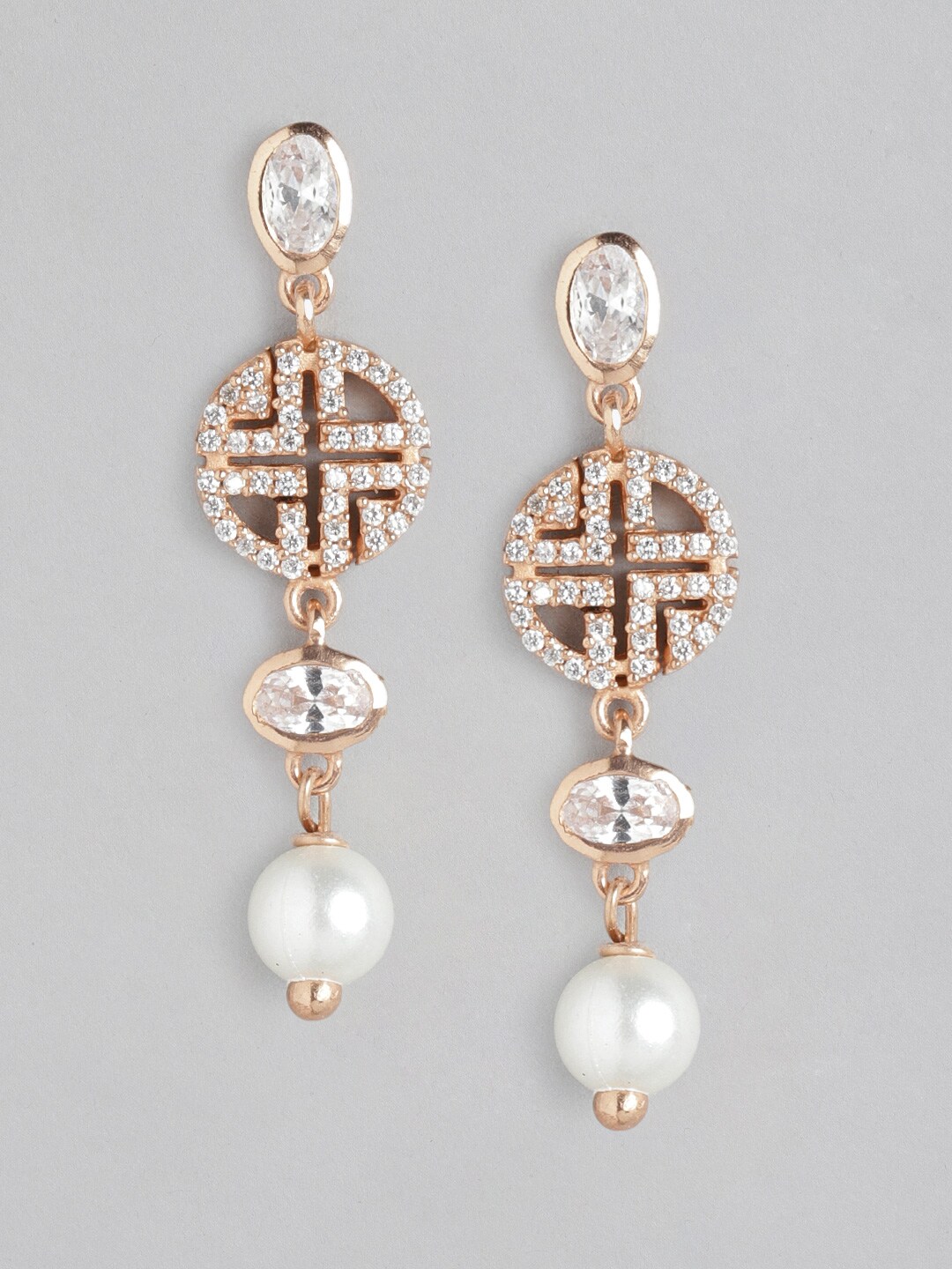 Carlton London White Rose Gold-Plated CZ Studded & Beaded Contemporary Drop Earrings Price in India