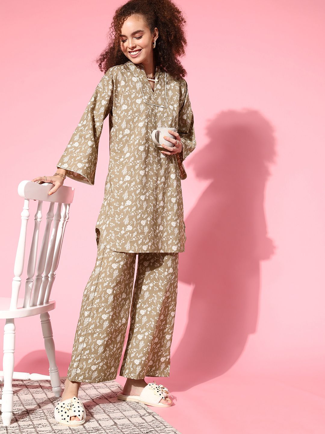 The Kaftan Company Women Olive Green & White Pure Cotton Floral Printed Night suit Price in India