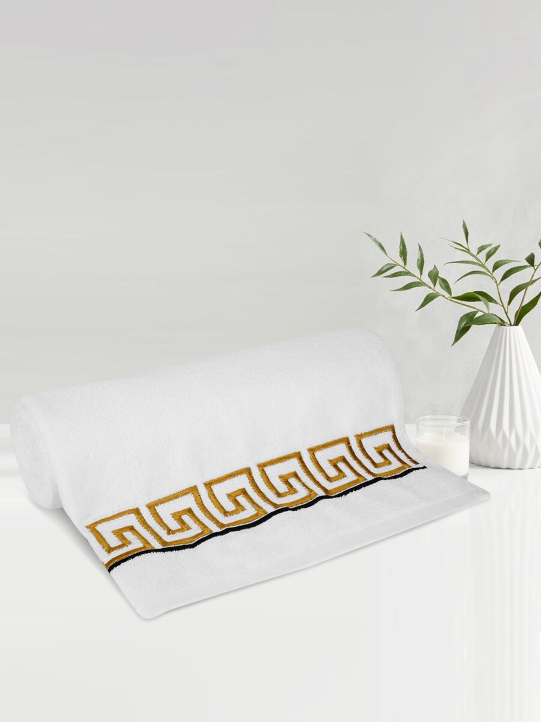 LUSH & BEYOND White & Gold Toned Solid 500 GSM Pure Cotton Bath Towels Price in India
