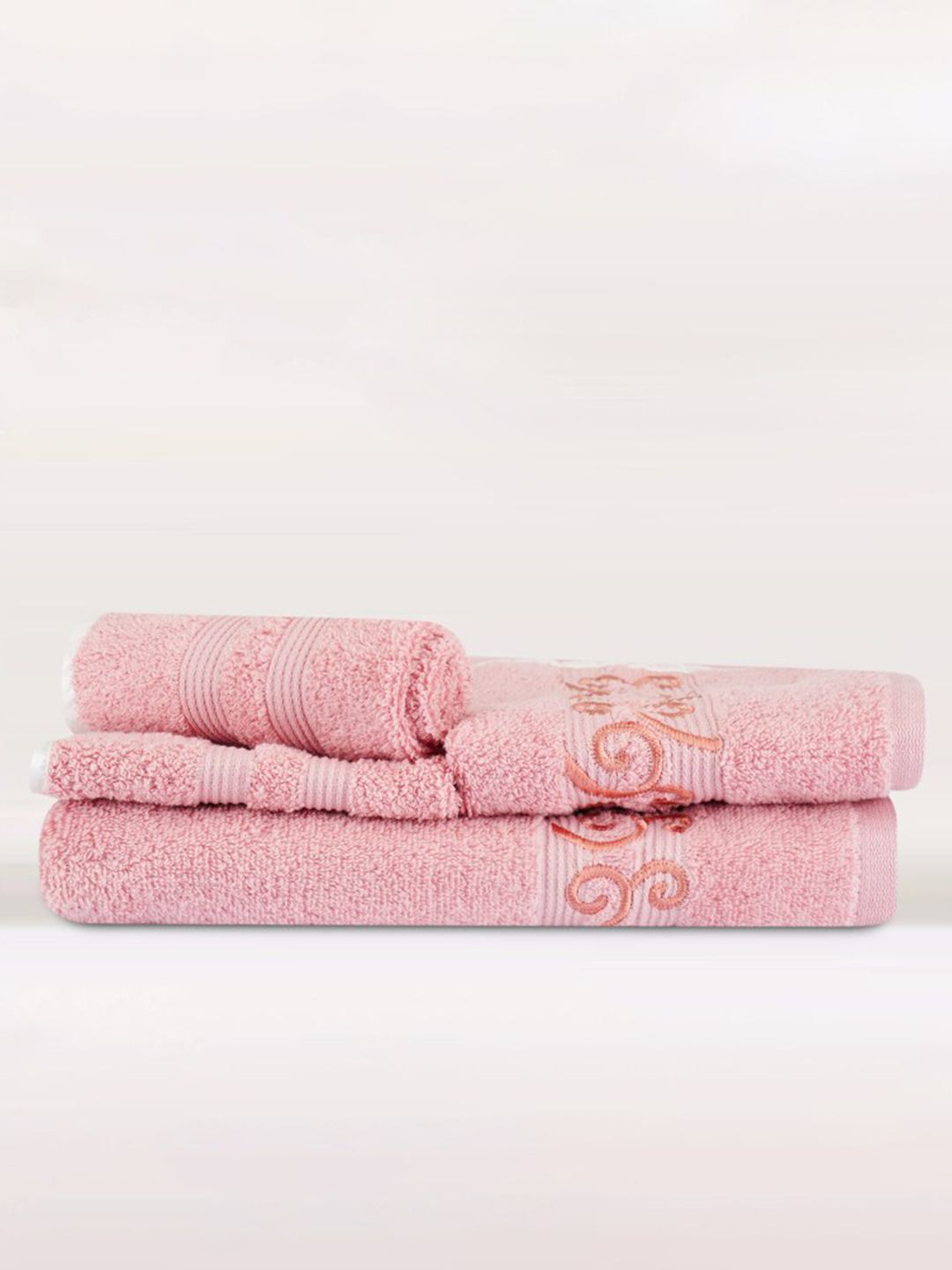 LUSH & BEYOND Set Of 3 Peach-Colored Solid 500 GSM Cotton Towel Set Price in India