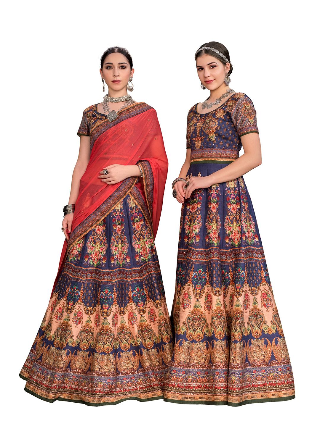SAPTRANGI Navy Blue & Red Embroidered Thread Work Semi-Stitched Lehenga & Unstitched Blouse With Dupatta Price in India