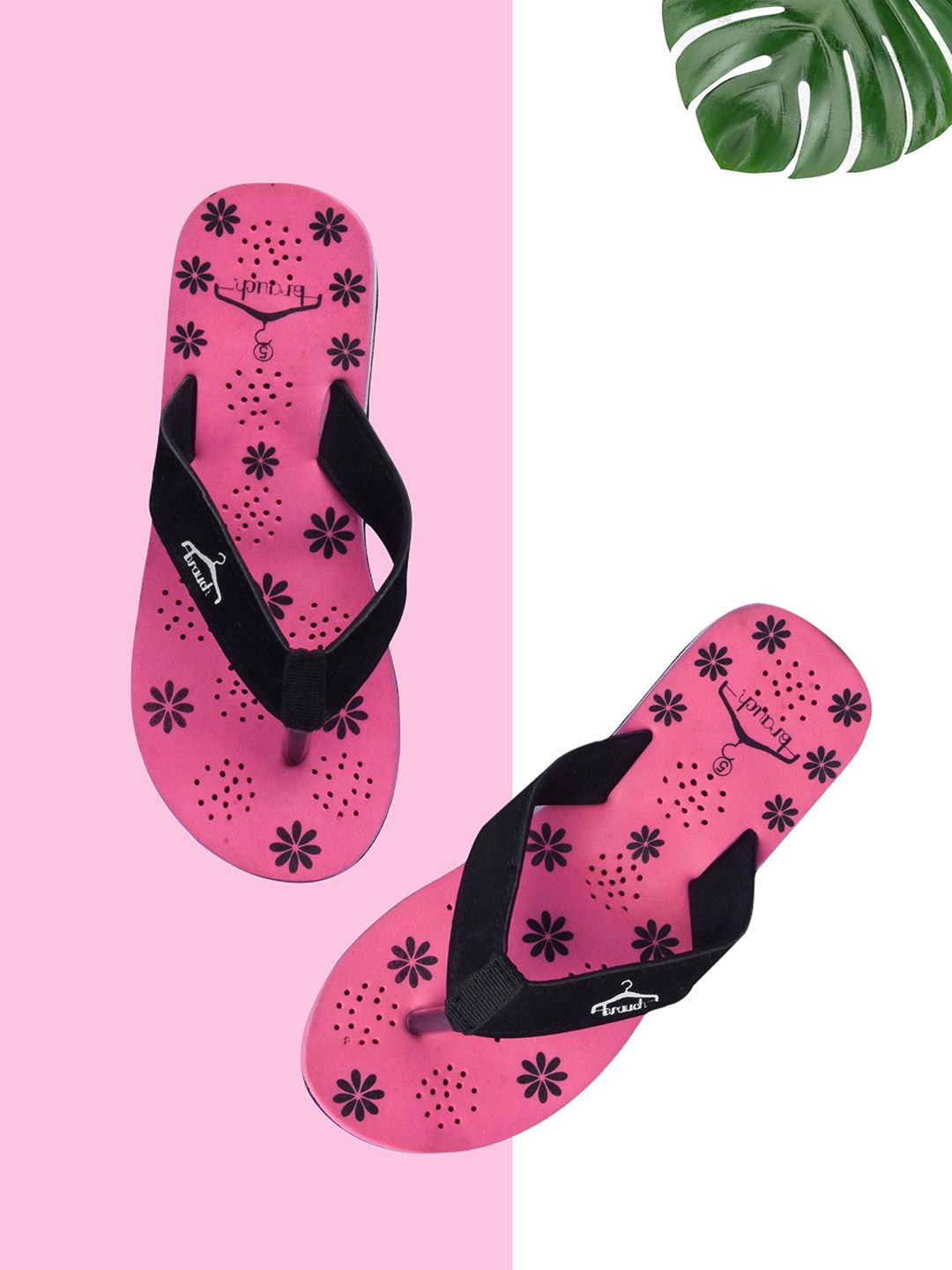 Brauch Women Pink & Black Printed Thong Flip-Flops Price in India
