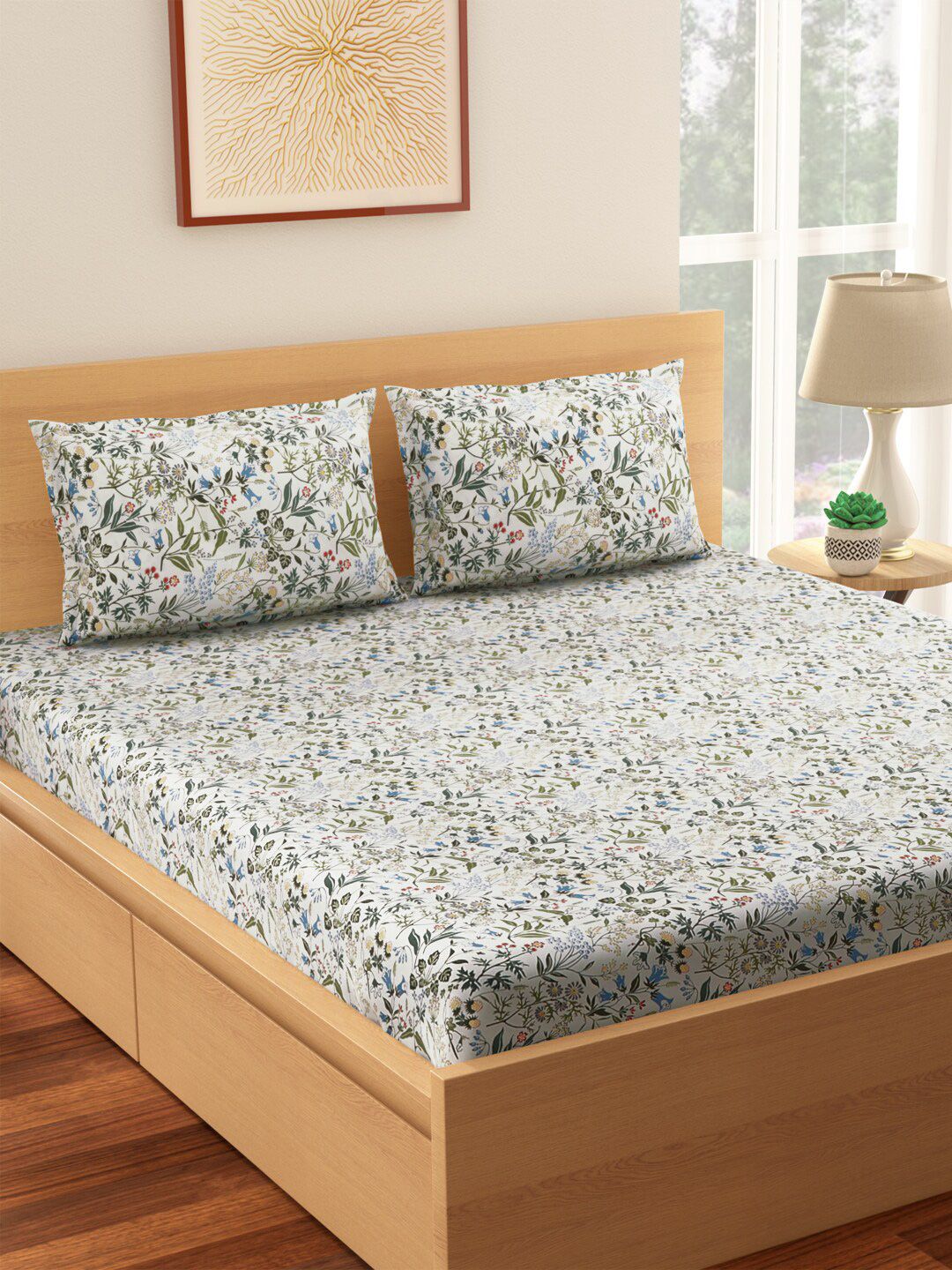 Living scapes by Pantaloons Off White & Green Floral 144 TC King Bedsheet with 2 Pillow Covers Price in India