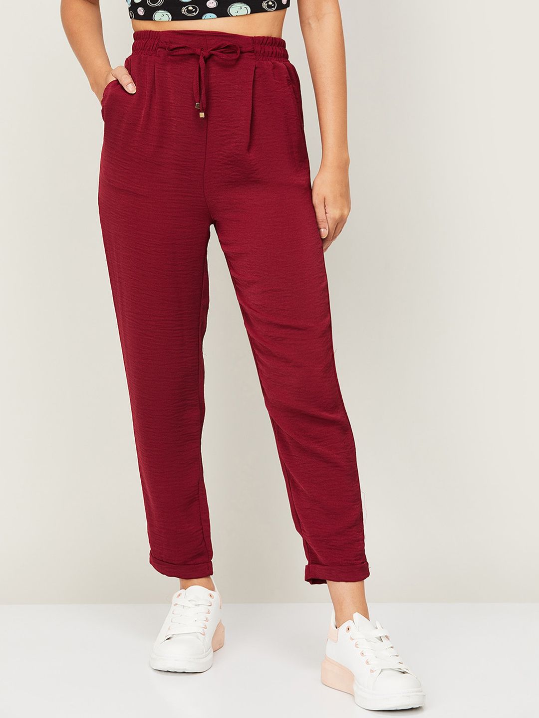 Ginger by Lifestyle Women Red High-Rise Pleated Regular Trousers Price in India