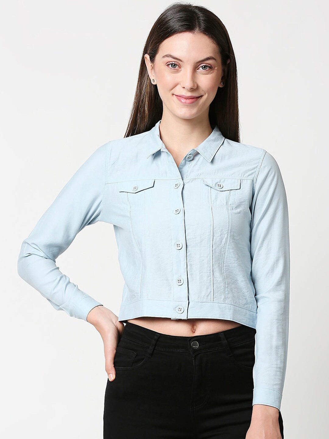 Kraus Jeans Women Blue Crop Denim Jacket Price in India