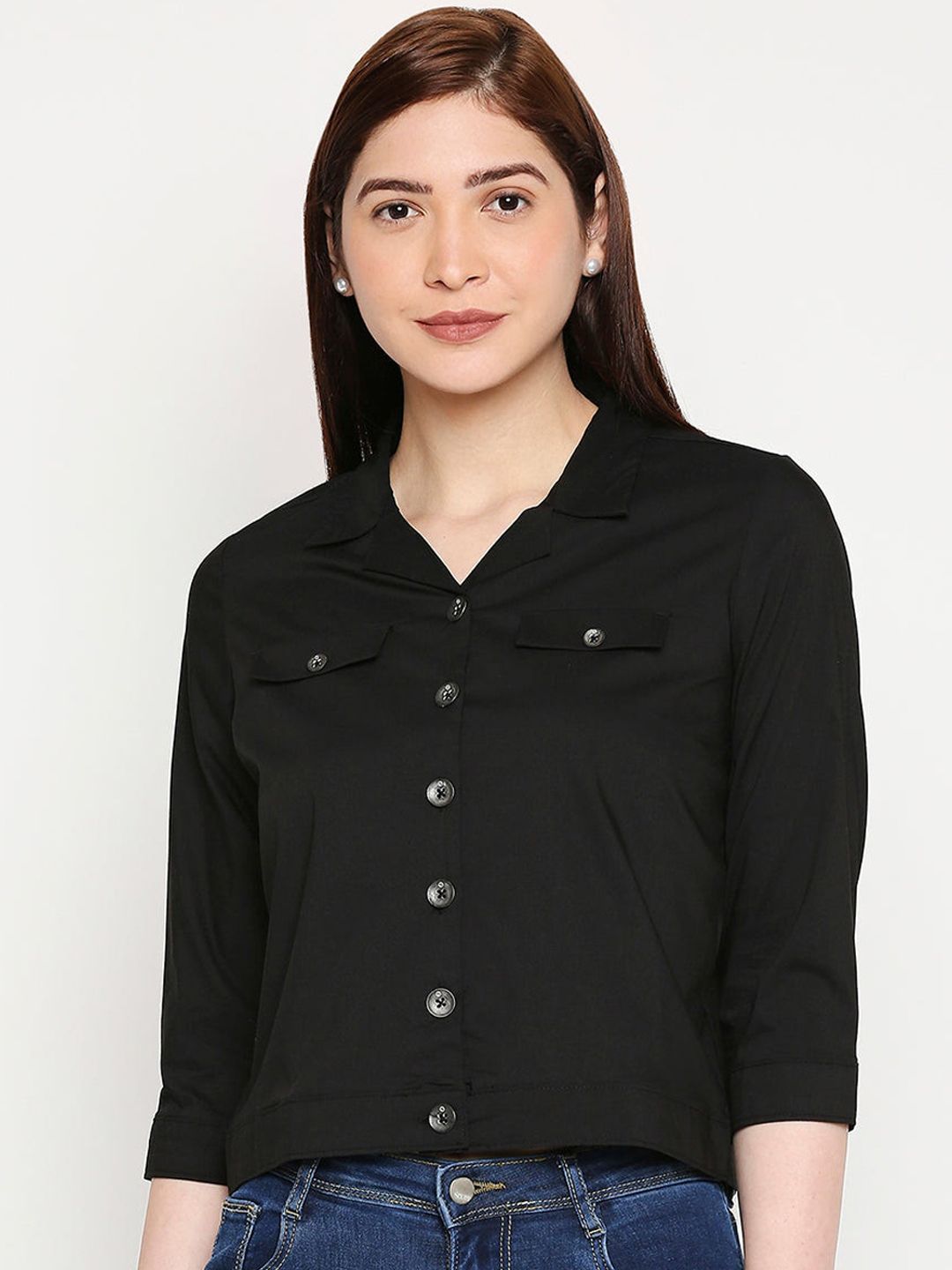 Kraus Jeans Women Black Crop Open Front Jacket Price in India