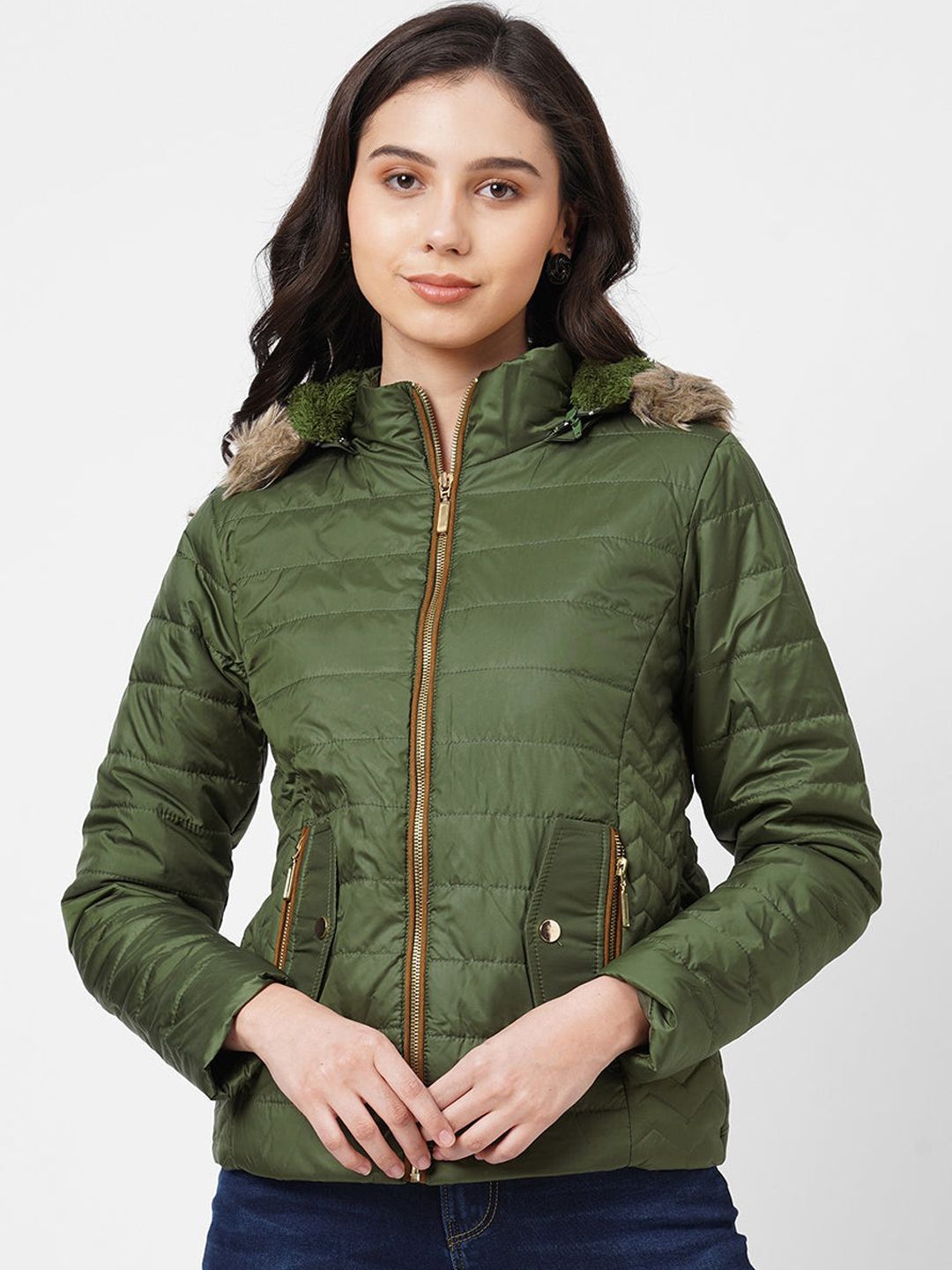 Kraus Jeans Women Olive Green Parka Hooded Jacket Price in India