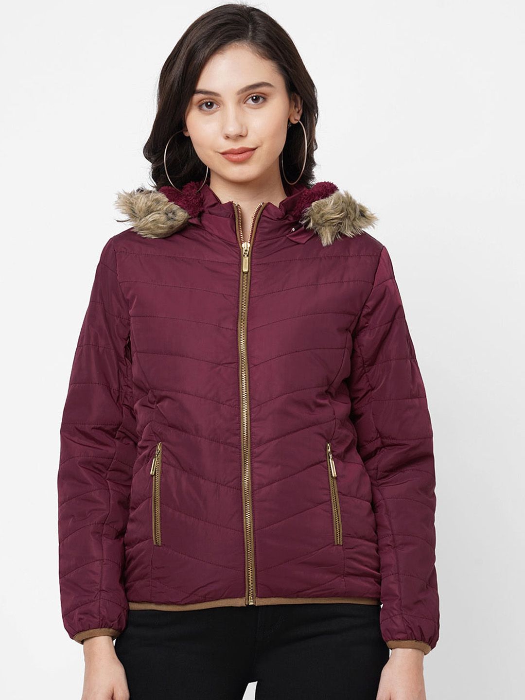 Kraus Jeans Women Maroon Solid Padded Jacket Price in India