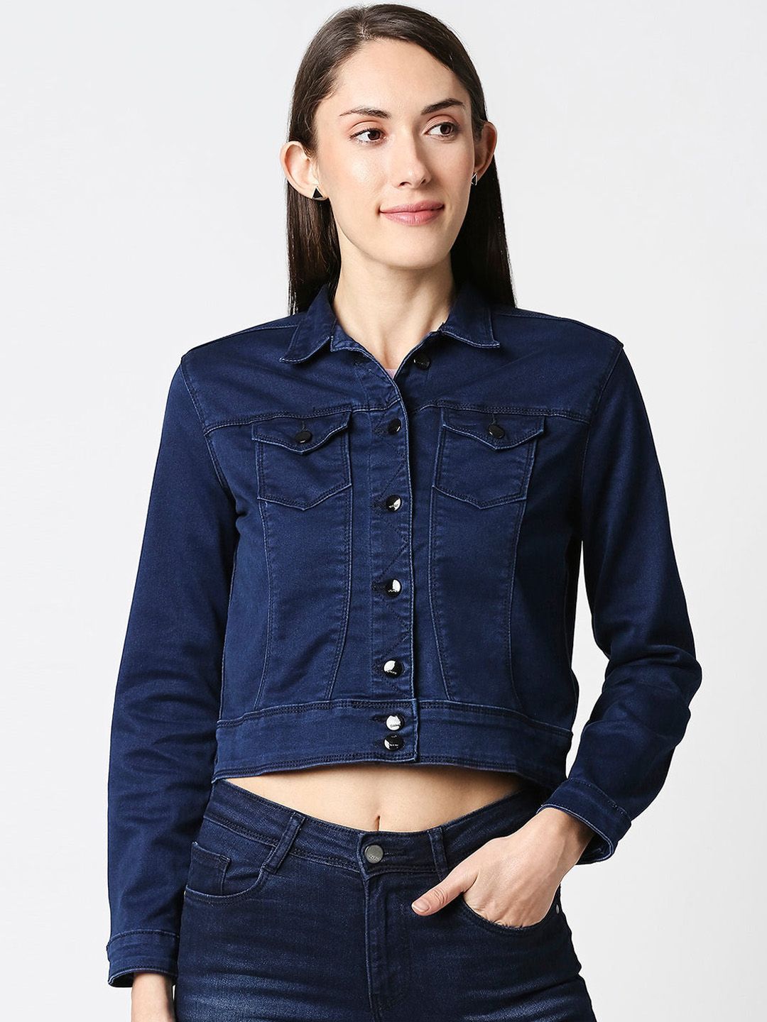 Kraus Jeans Women Blue Crop Cotton Denim Jacket Price in India