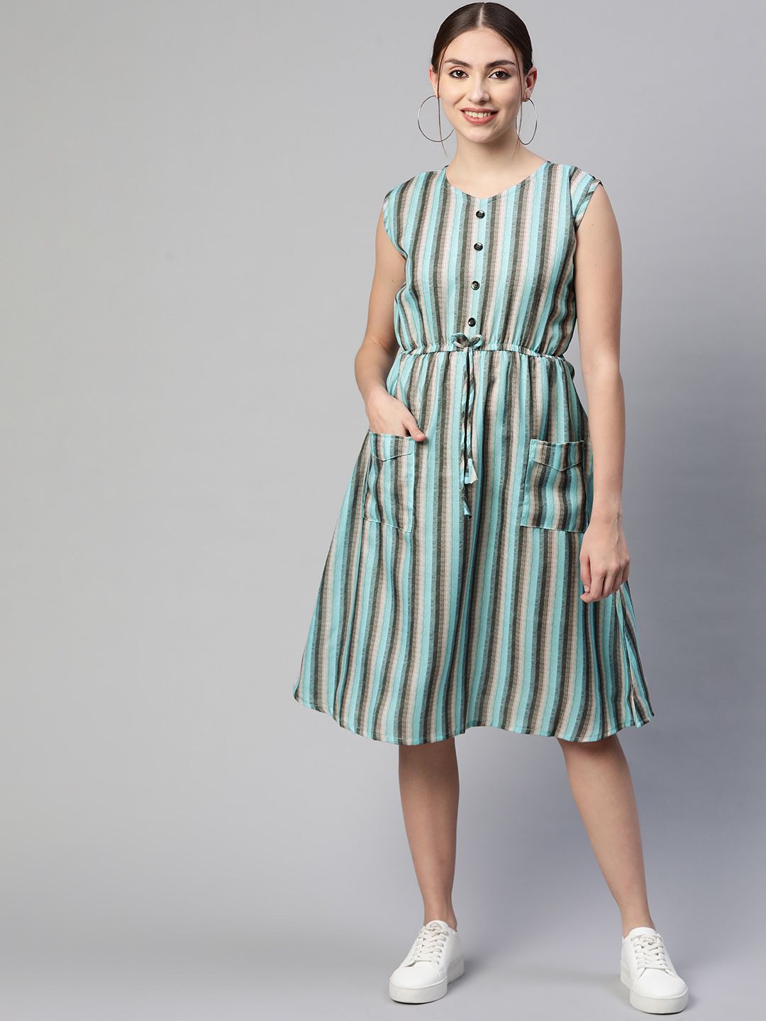 Fashion FRICKS Grey & Blue Striped Dress Price in India